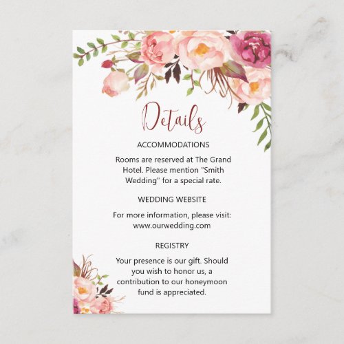 Romantic Blush Floral Botanical Art Print Details Enclosure Card