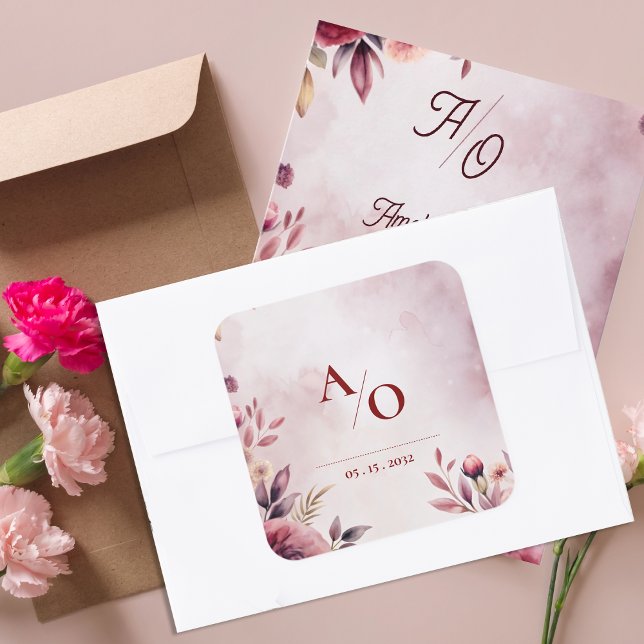Romantic Blush Floral Monogram Custom Wedding Square Sticker (Romantic Blush Floral Monogram Personalized Wedding Envelope Seal Sticker)