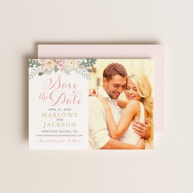 Romantic Blush Floral Split Photo Wedding Save The Date (Creator Uploaded)