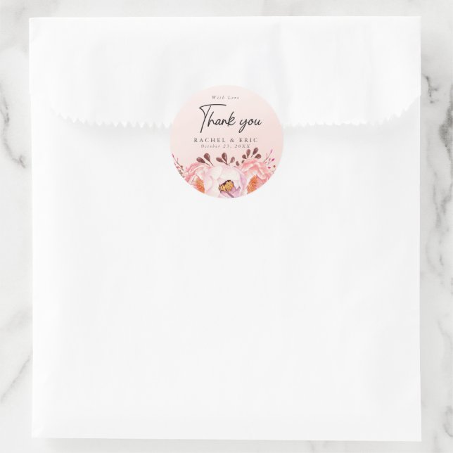 Romantic Blush Floral Wedding Thank You  Classic Round Sticker (Bag)