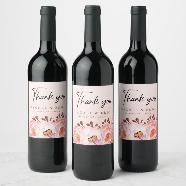 Romantic Blush Floral Wedding Thank You  Wine Label (Bottles)
