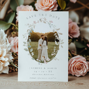 Romantic Blush Floral Wreath Photo Wedding Save The Date