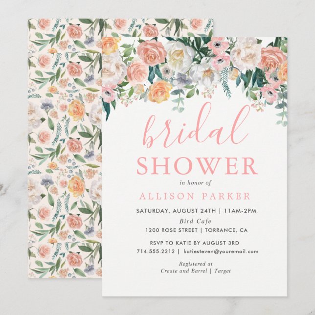 Romantic Blush Flowers Bridal Shower Invitation (Front/Back)