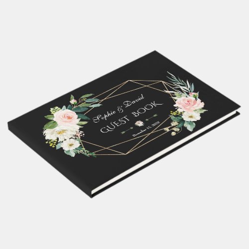 Romantic Blush Flowers Gold Frame Black Wedding Guest Book