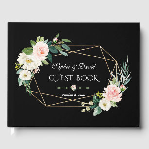 Romantic Blush Flowers Gold Frame Black Wedding Guest Book
