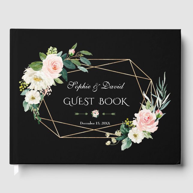 Romantic Blush Flowers Gold Frame Black Wedding Guest Book (Front)