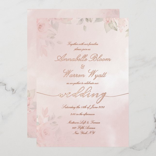 Romantic Blush Garden Roses 2 With Rose Foil Invitation (Front/Back)