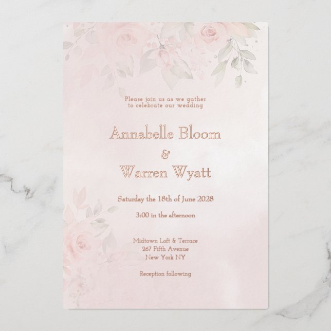 Romantic Blush Garden Roses 2 With Rose Gold Foil Invitation (Front)