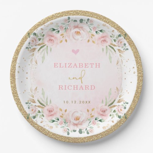 Romantic Blush Gold Pink Floral Wedding Engagement Paper Plates