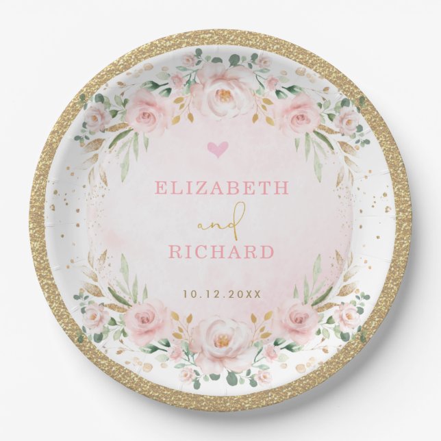 Romantic Blush Gold Pink Floral Wedding Engagement Paper Plates (Front)