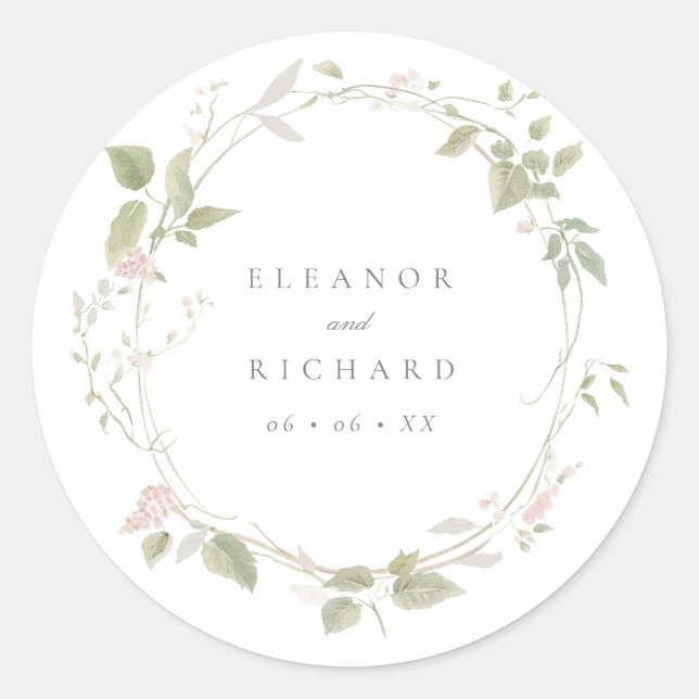 Romantic Blush & Green Floral Wreath Wedding Classic Round Sticker (Front)