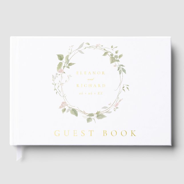 Romantic Blush & Green Floral Wreath Wedding Foil Guest Book (Front)