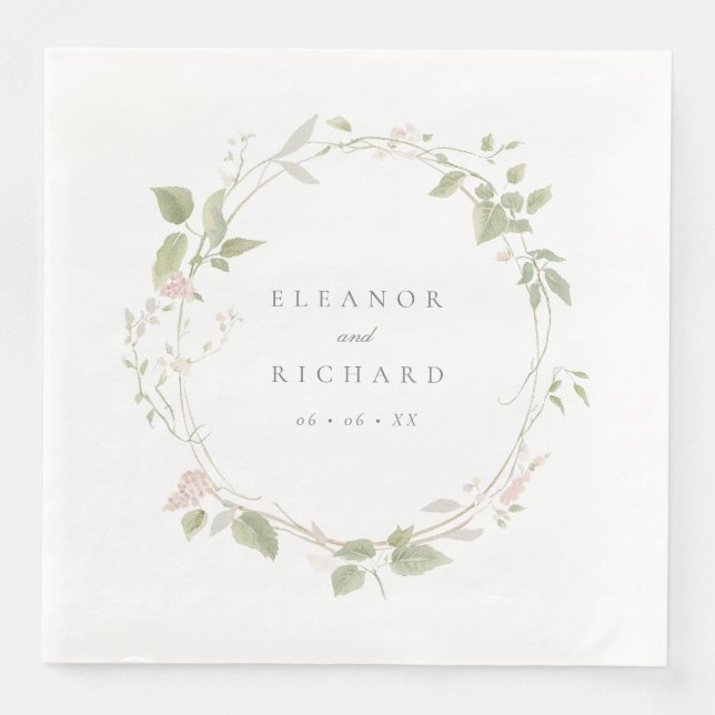 Romantic Blush & Green Floral Wreath Wedding Paper Dinner Napkins (Front)