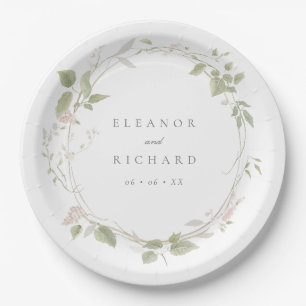 Romantic Blush & Green Floral Wreath Wedding Paper Plates