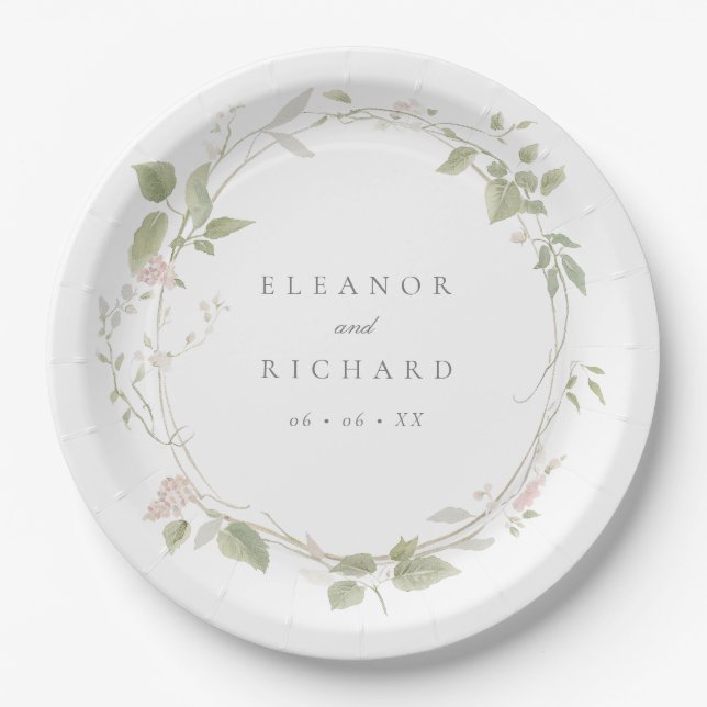 Romantic Blush & Green Floral Wreath Wedding Paper Plates (Front)