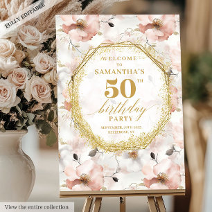 Romantic blush ivory gold birthday welcome sign