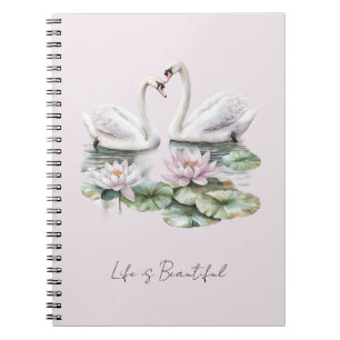 Romantic Blush Lotus Floral Swans Notebook