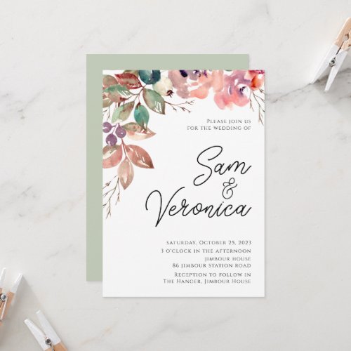 Romantic Blush Mauve Watercolour Floral Wedding In Invitation