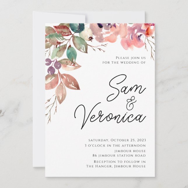 Romantic Blush Mauve Watercolour Floral Wedding Invitation (Front)