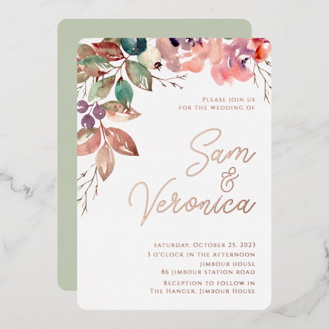 Romantic Blush Mauve Watercolour Rose Gold Foil In Foil Invitation (Front/Back)