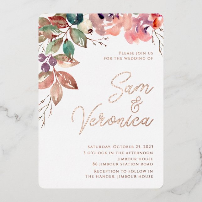 Romantic Blush Mauve Watercolour Rose Gold Foil Invitation (Front)