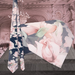 Romantic Blush & Navy Secret Garden Roses Wedding Neck Tie