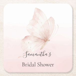 Romantic Blush Ombre Pink Butterfly Bridal Shower Square Paper Coaster