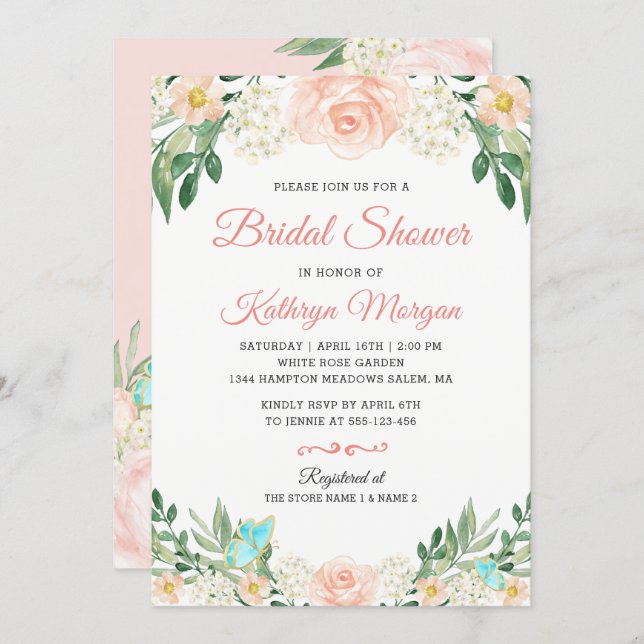 Romantic Blush Peach Floral Blossom Bridal Shower Invitation (Front/Back)
