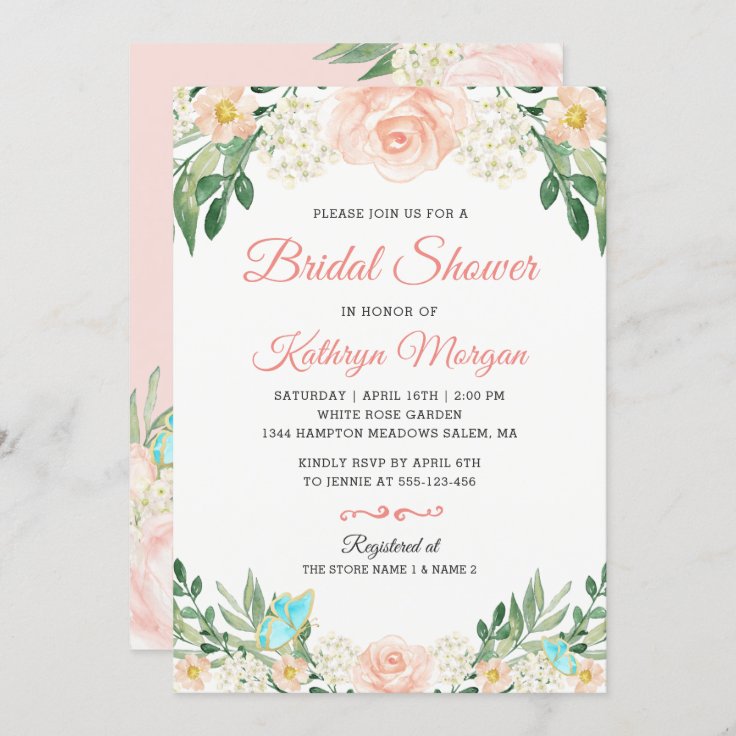 Romantic Blush Peach Floral Blossom Bridal Shower Invitation | Zazzle
