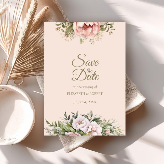 Romantic Blush & Peach Peony Save the Date Card (Soft Peach and Blush Floral Save The Date Card on a neutral boho wedding table.)