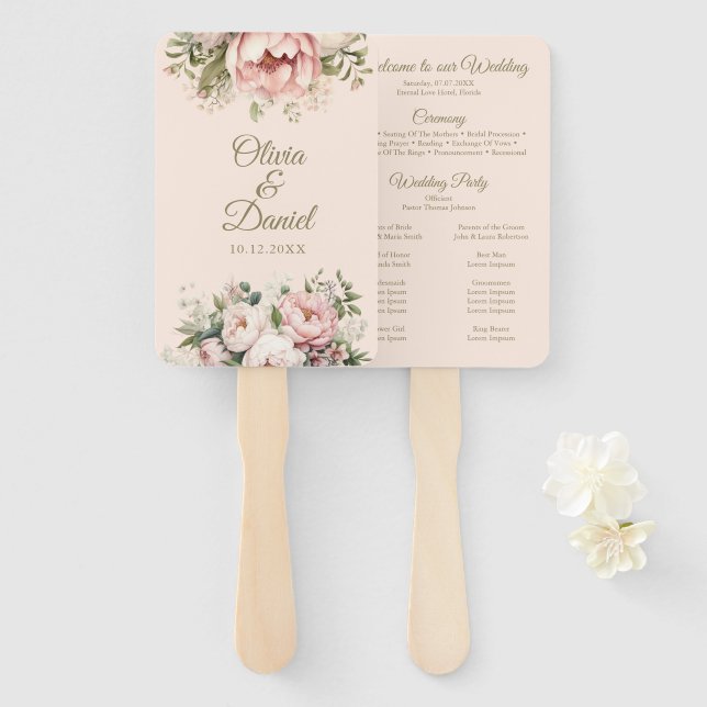 Romantic Blush & Peach Peony Wedding Program Fan (Front and Back)