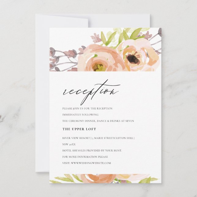 ROMANTIC BLUSH PEACH PINK  PURPLE FLORAL RECEPTION INVITATION (Front)