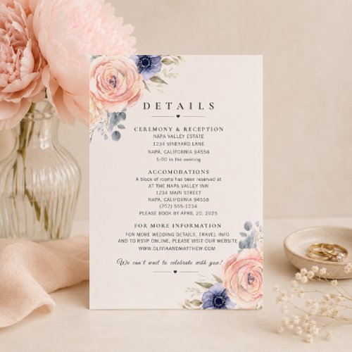 Romantic Blush Peonies Wedding Details Card