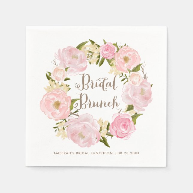 Romantic Blush Peonies Wreath Bridal Brunch Napkins (Front)