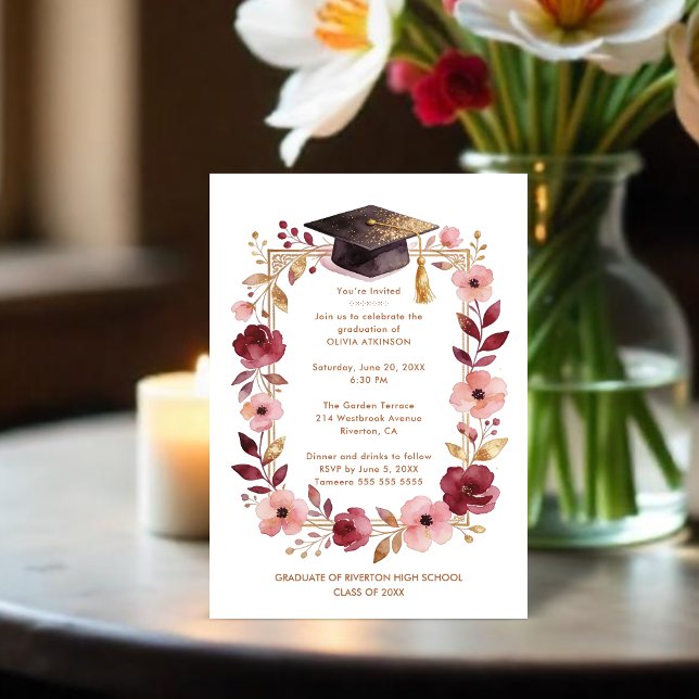 Romantic Blush Pink and Burgundy Graduation Invitation (Romantic Blush Pink and Burgundy Floral Frame Graduation Party Invitation Cards.)