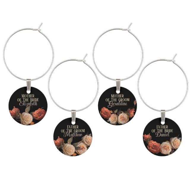 Romantic Blush Pink and Russe Roses Gothic Wedding Wine Charm (Staggered)