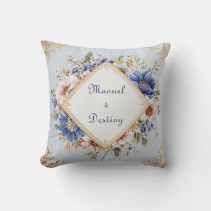 Romantic Blush Pink Blue Gold Floral Diamond Frame Throw Pillow