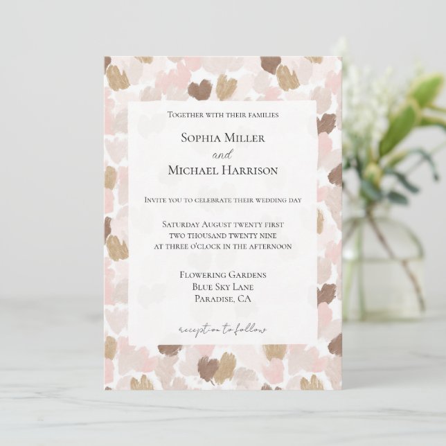 Romantic Blush Pink Brown Cream Hearts Wedding Invitation (Standing Front)