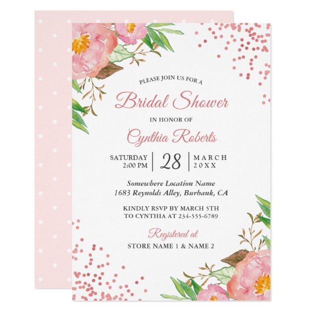 Romantic Blush Pink Floral Confetti Bridal Shower Invitation