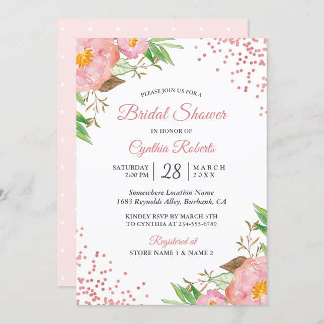 Romantic Blush Pink Floral Confetti Bridal Shower Invitation | Zazzle