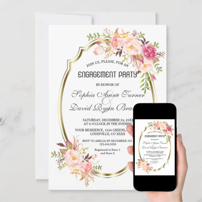 Romantic Blush Pink Floral Gold Engagement Party Invitation Zazzle