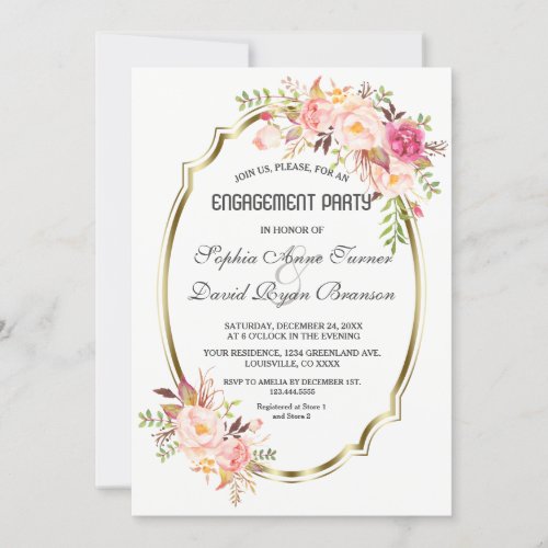 Romantic Blush Pink Floral Gold Engagement Party Invitation