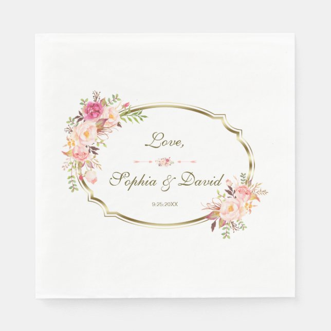 Romantic Blush Pink Floral Gold Frame Wedding Napkins (Front)