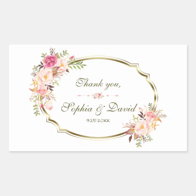 Romantic Blush Pink Floral Gold Frame Wedding Rectangular Sticker Zazzle