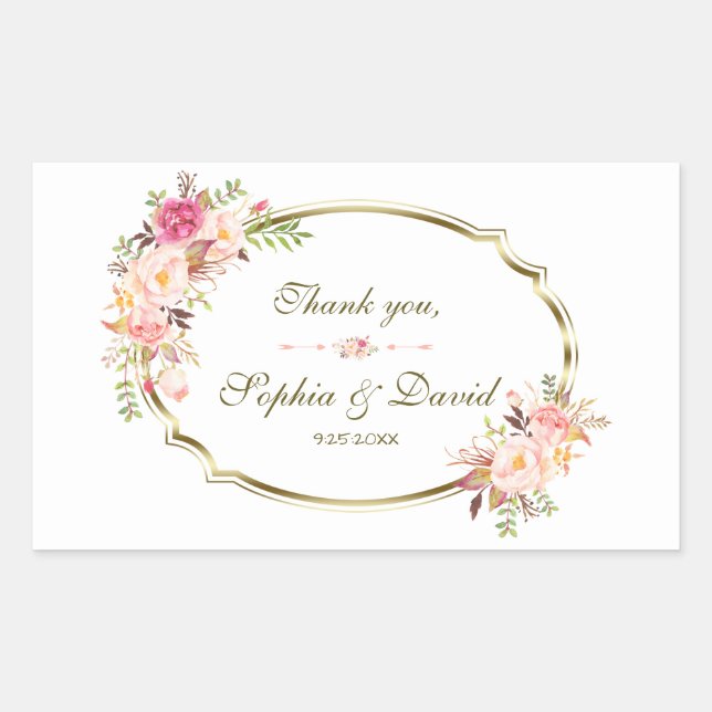 Romantic Blush Pink Floral Gold Frame Wedding Rectangular Sticker (Front)