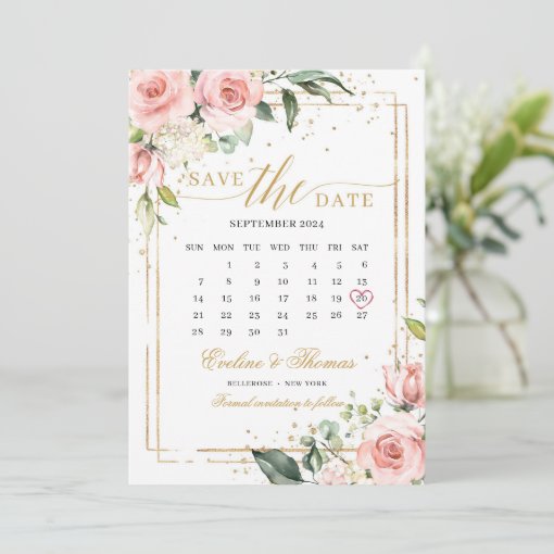 Romantic Blush Pink Floral Gold Frame Wedding Save The Date Zazzle