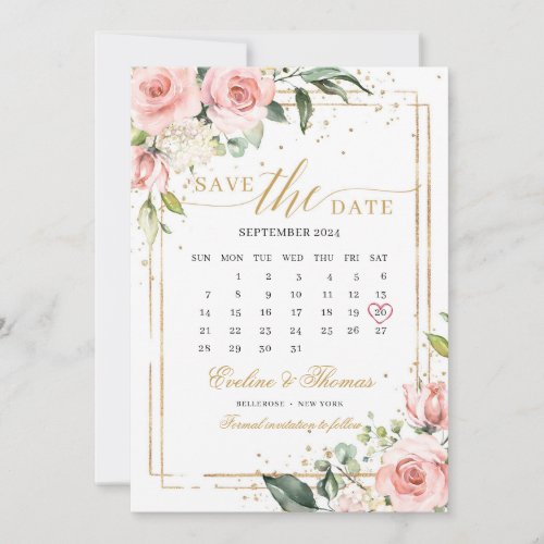 Romantic blush pink floral gold frame wedding save the date