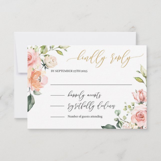 Romantic blush pink floral gold script font boho RSVP card (Front)