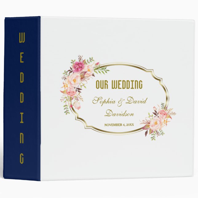 Romantic Blush Pink Floral Gold Wedding Album 3 Ring Binder (Front/Spine)