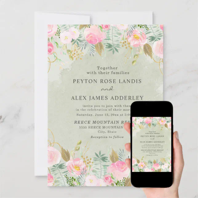 Romantic Blush Pink Floral Green Gold Wedding Invitation | Zazzle